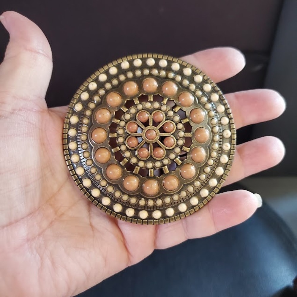 Bronze Tone Mandala Belt Buckle Faux Stone Cabochon Round Western Boho Peach